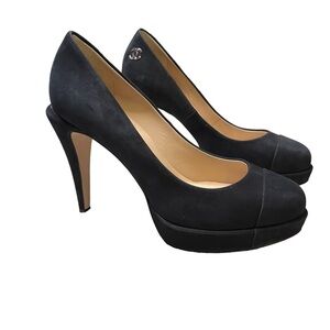 ✨ Chanel Black Leather CC Logo Platform Pumps Cap Toe Made Italy Sz 37.5